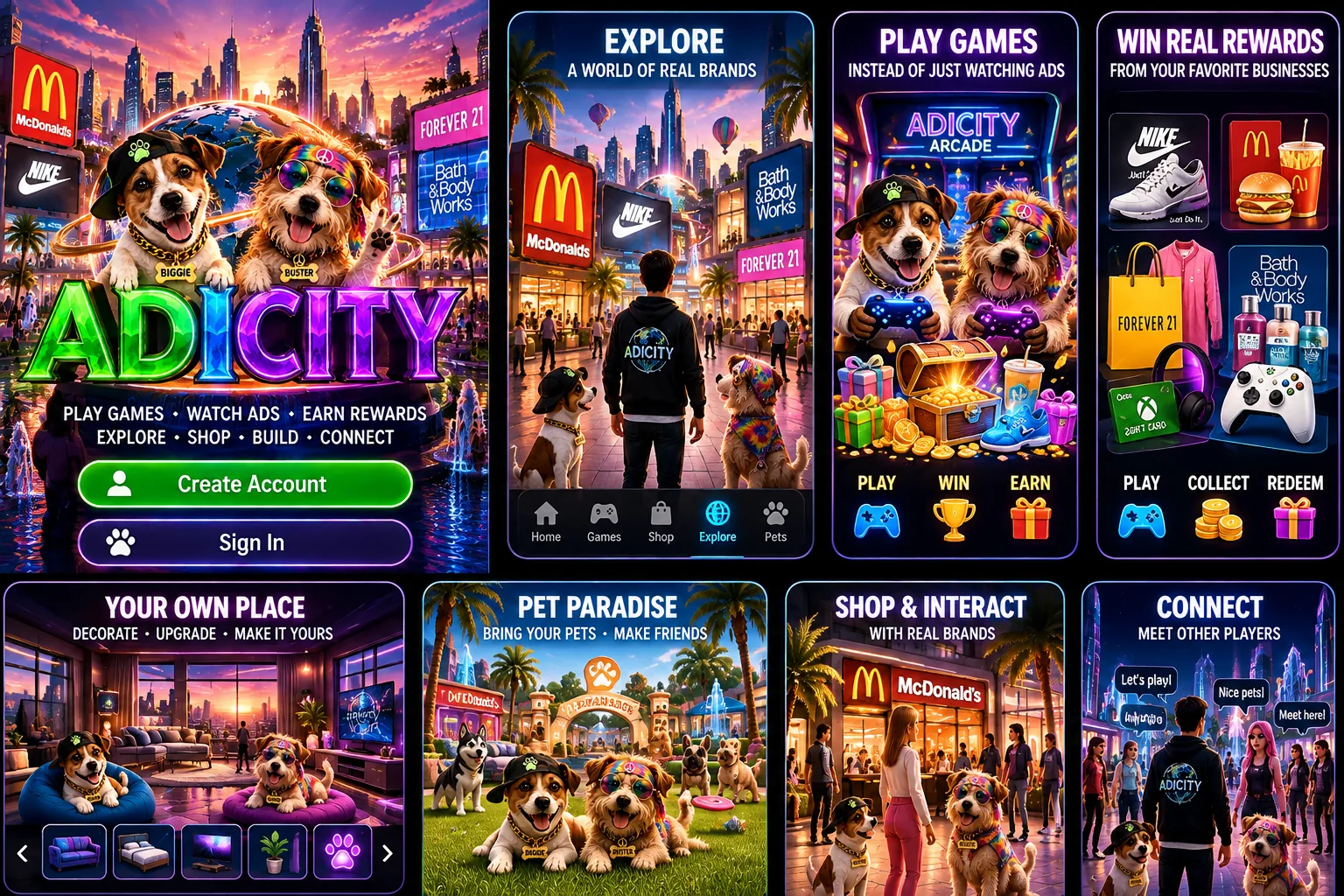 Concept panels showing games, rewards, pets and homes